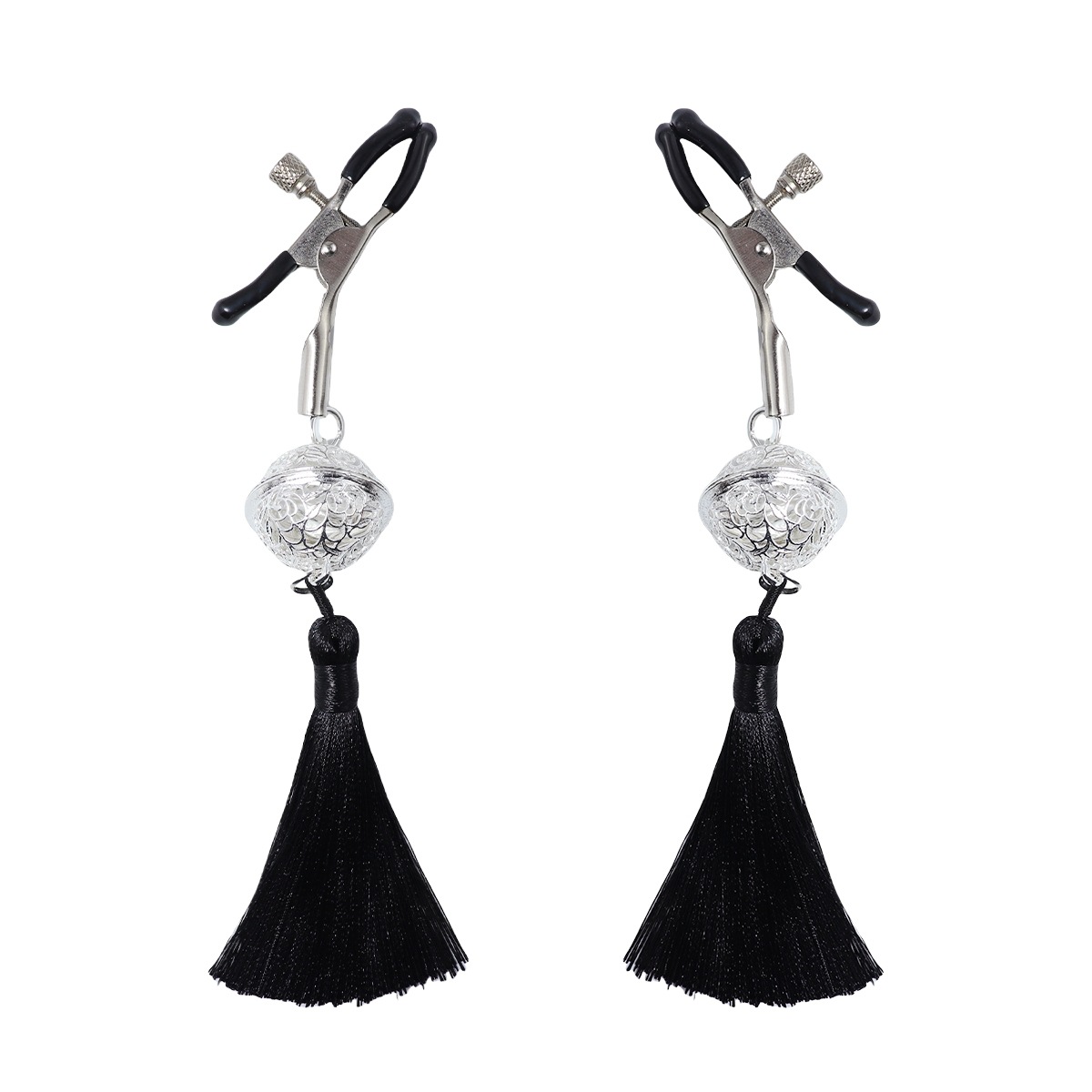 Red Tassel & Silver Bell Nipple Rings - BlackTassel - image 4