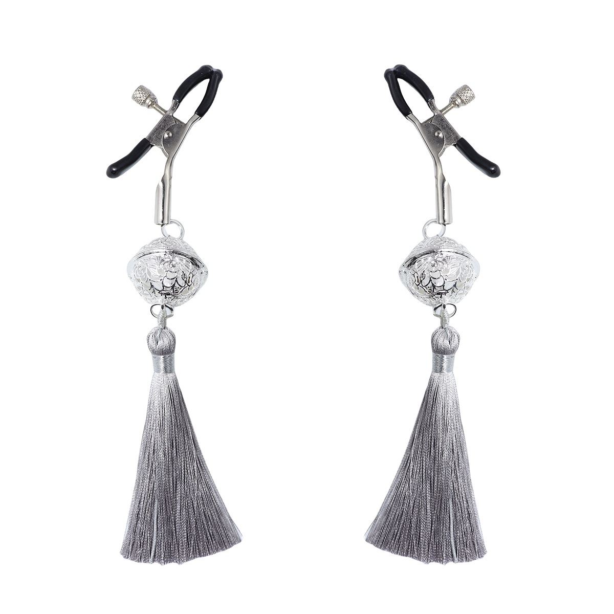 Red Tassel & Silver Bell Nipple Rings - GrayTassel - image 2