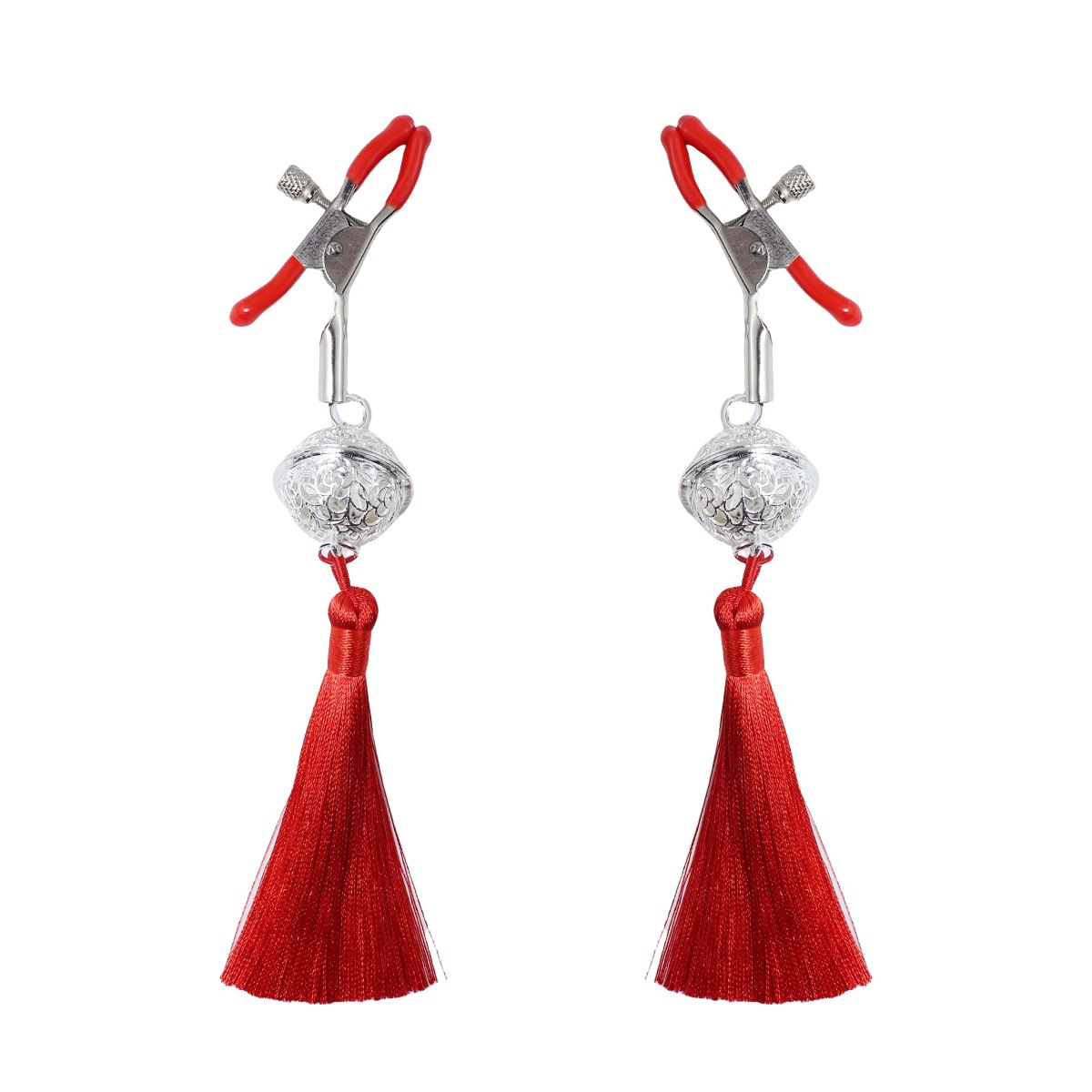 Red Tassel & Silver Bell Nipple Rings - RedTassel - image 3