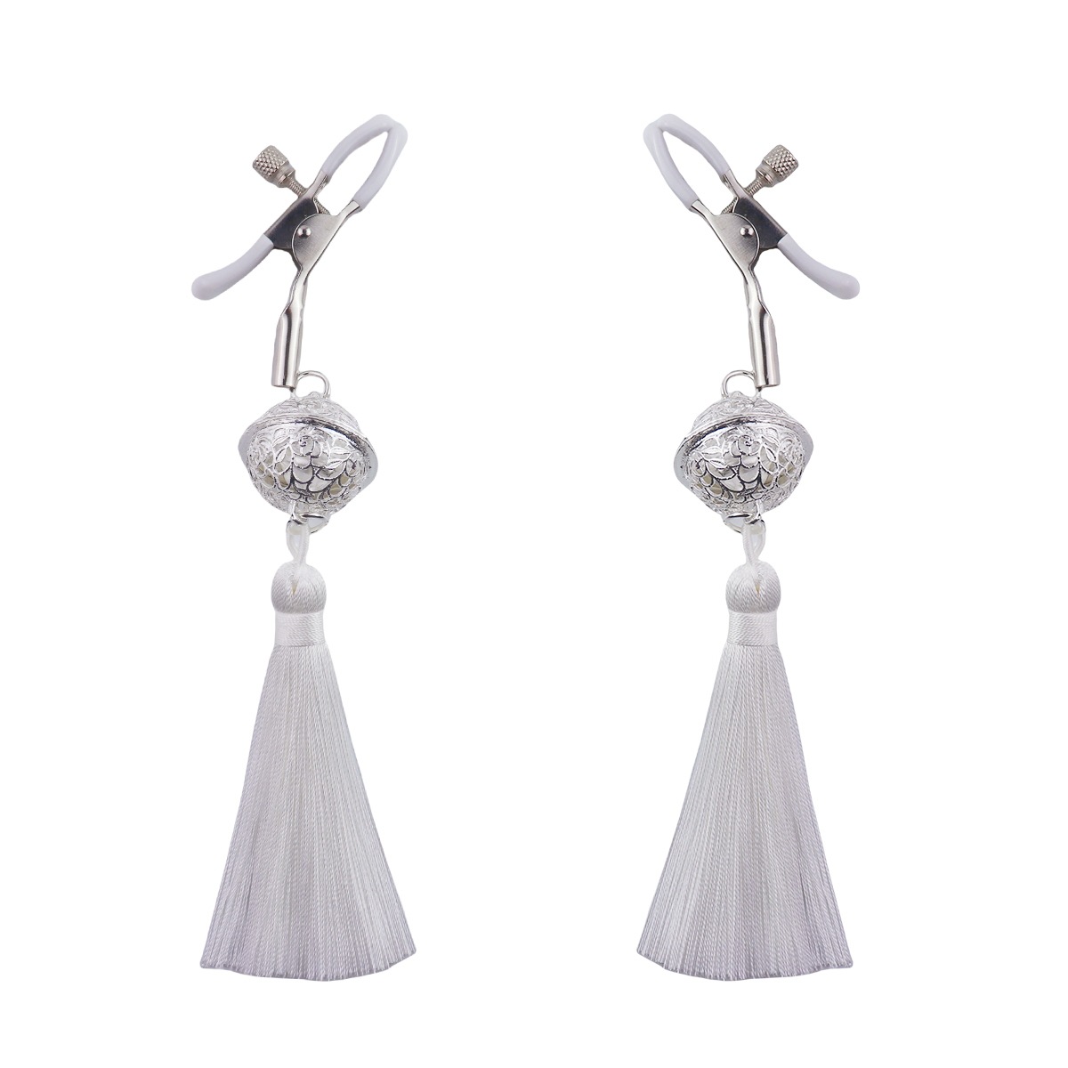 Red Tassel & Silver Bell Nipple Rings - WhiteTassel - image 1