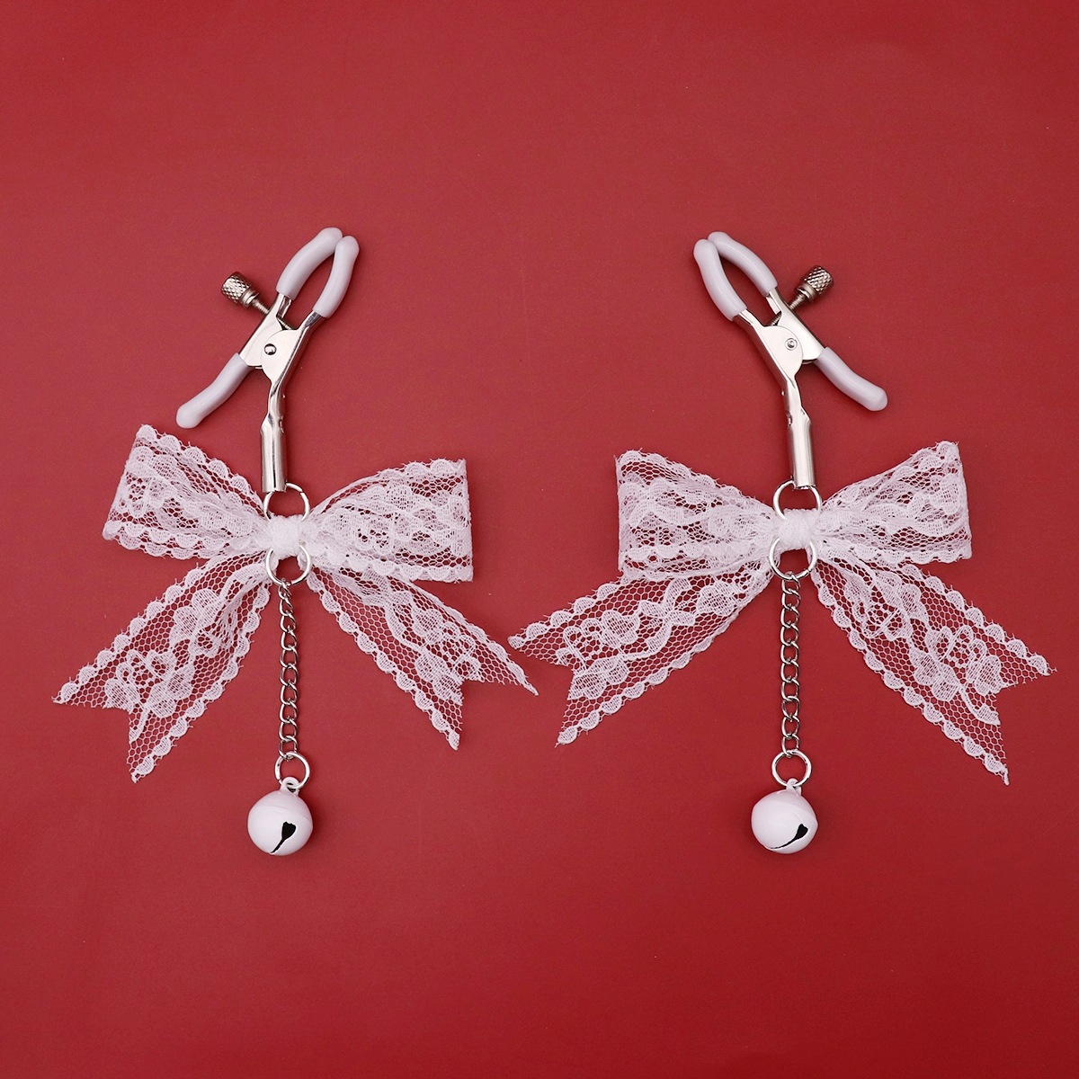 Black Lace Bow & Bell Non-Piercing Nipple Rings - WhiteLace - image 1