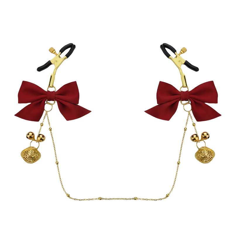 Wine Bow Gold Bell Nipple Rings with Chain - RedAlligator - image 1