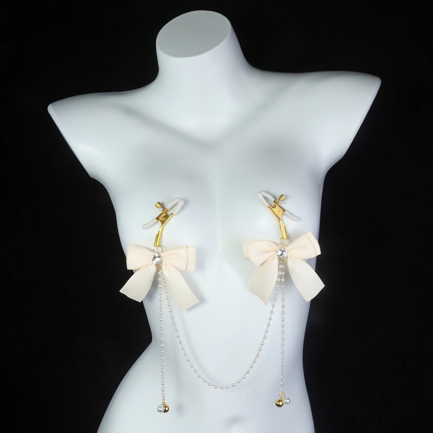 Cream Bow Pearl Chain Nipple Rings with Bell - image 1