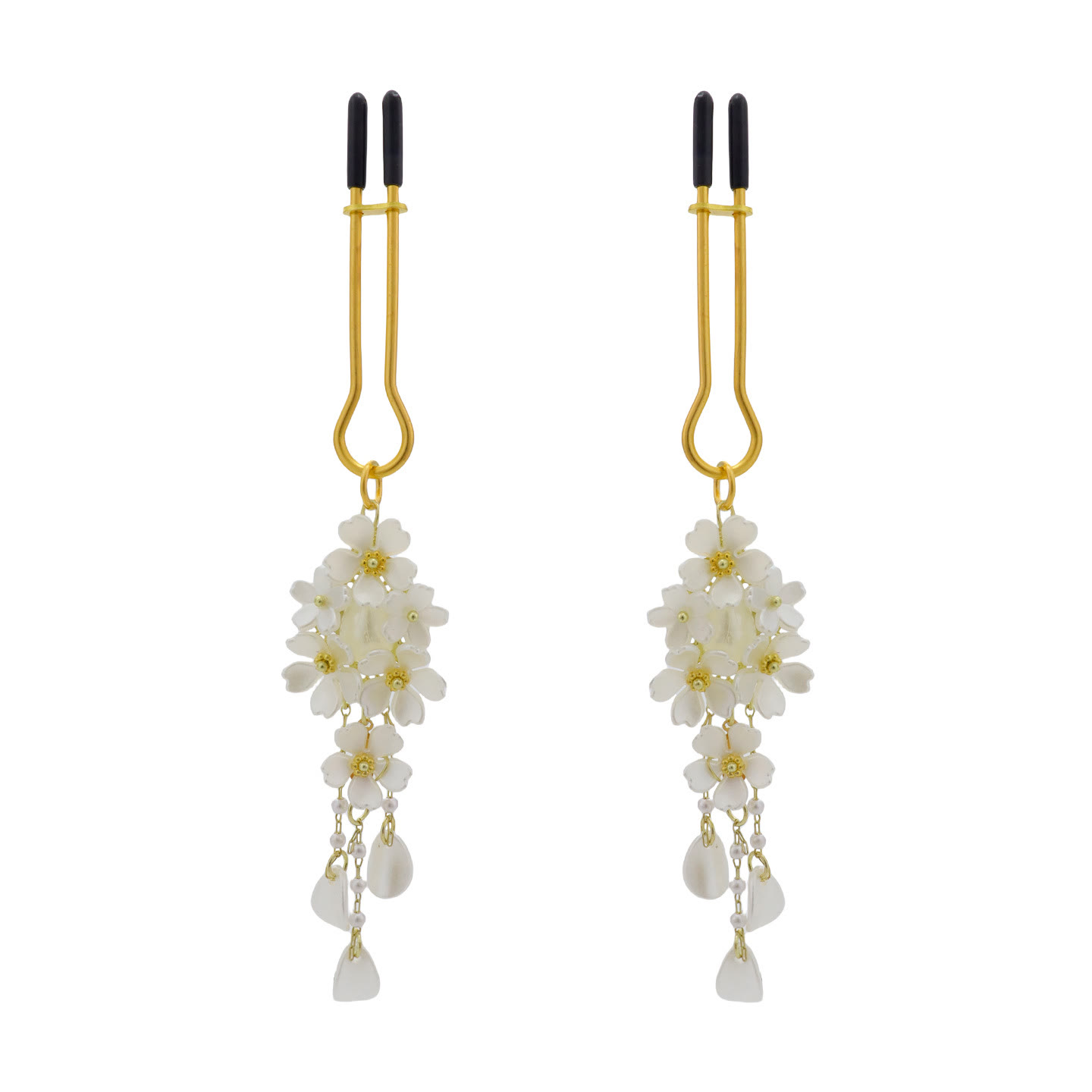 Gold Sakura Flower Pearl Tassel Nipple Rings - UClamp - image 2