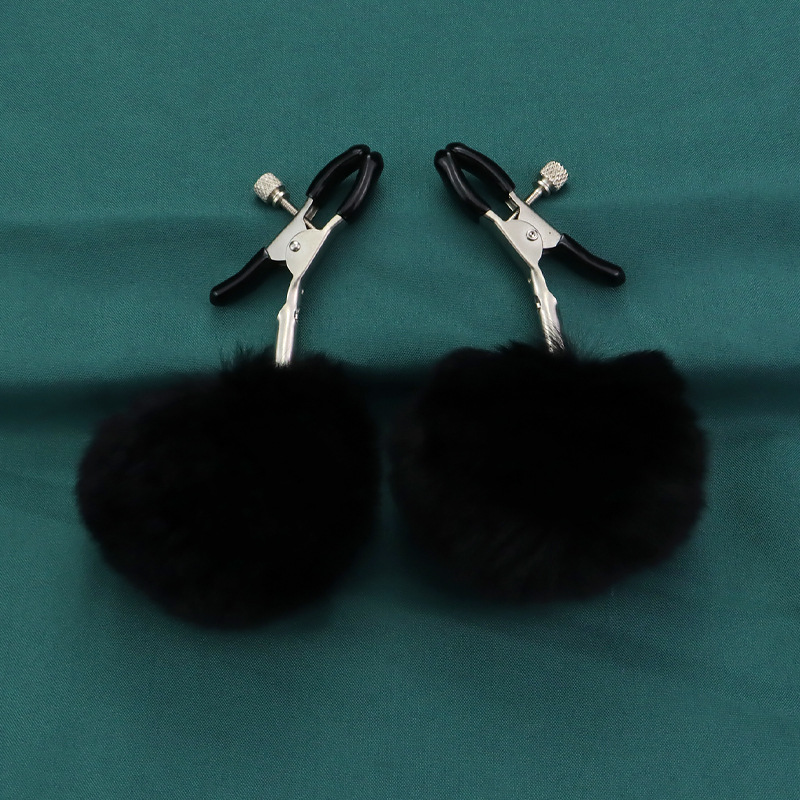 White Fur Pom-Pom Nipple Rings - Black - image 3