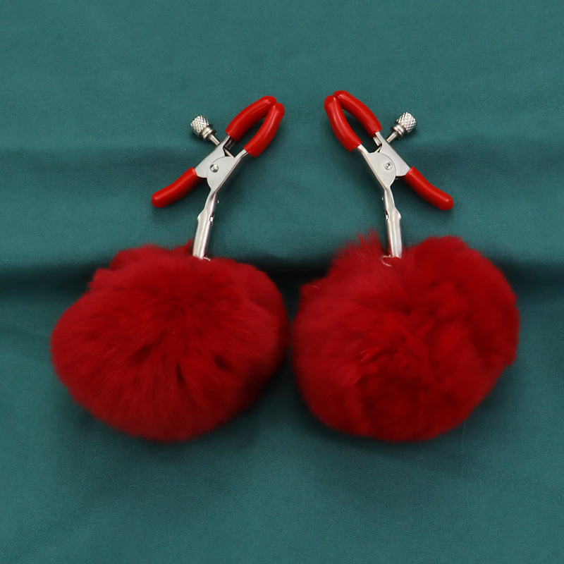 White Fur Pom-Pom Nipple Rings - Red - image 5