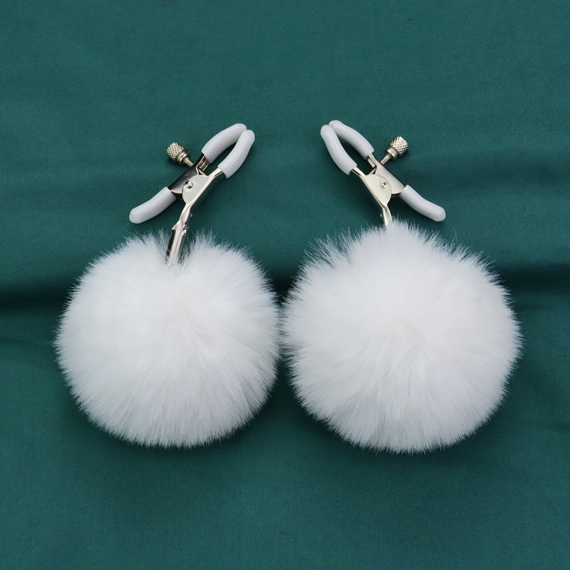 White Fur Pom-Pom Nipple Rings - White - image 6
