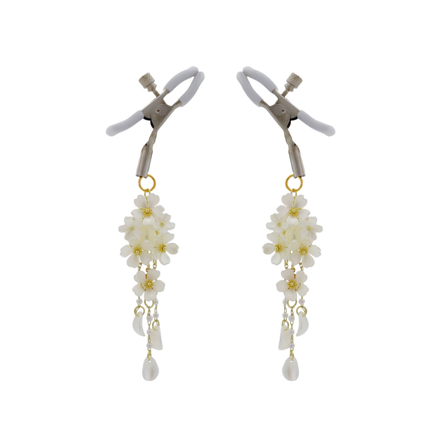 Gold Sakura Flower Pearl Tassel Nipple Rings - Alligator - image 3