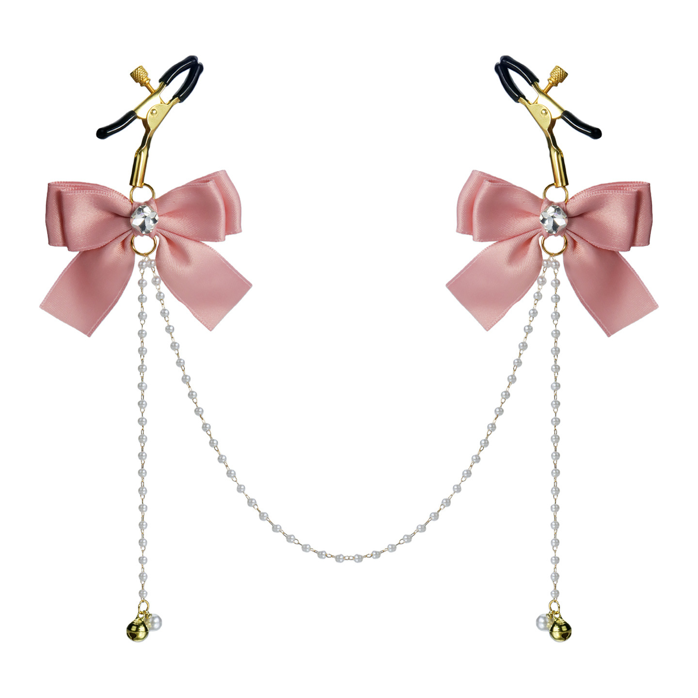 Mauve Pink Bow Pearl Chain Nipple Rings with Bell - PinkCrystalAlligator - image 2