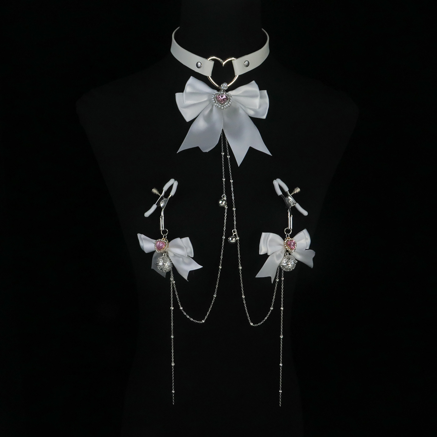 White Bow Collar & Bell Nipple Clamp Chain Set - Alligator - image 3