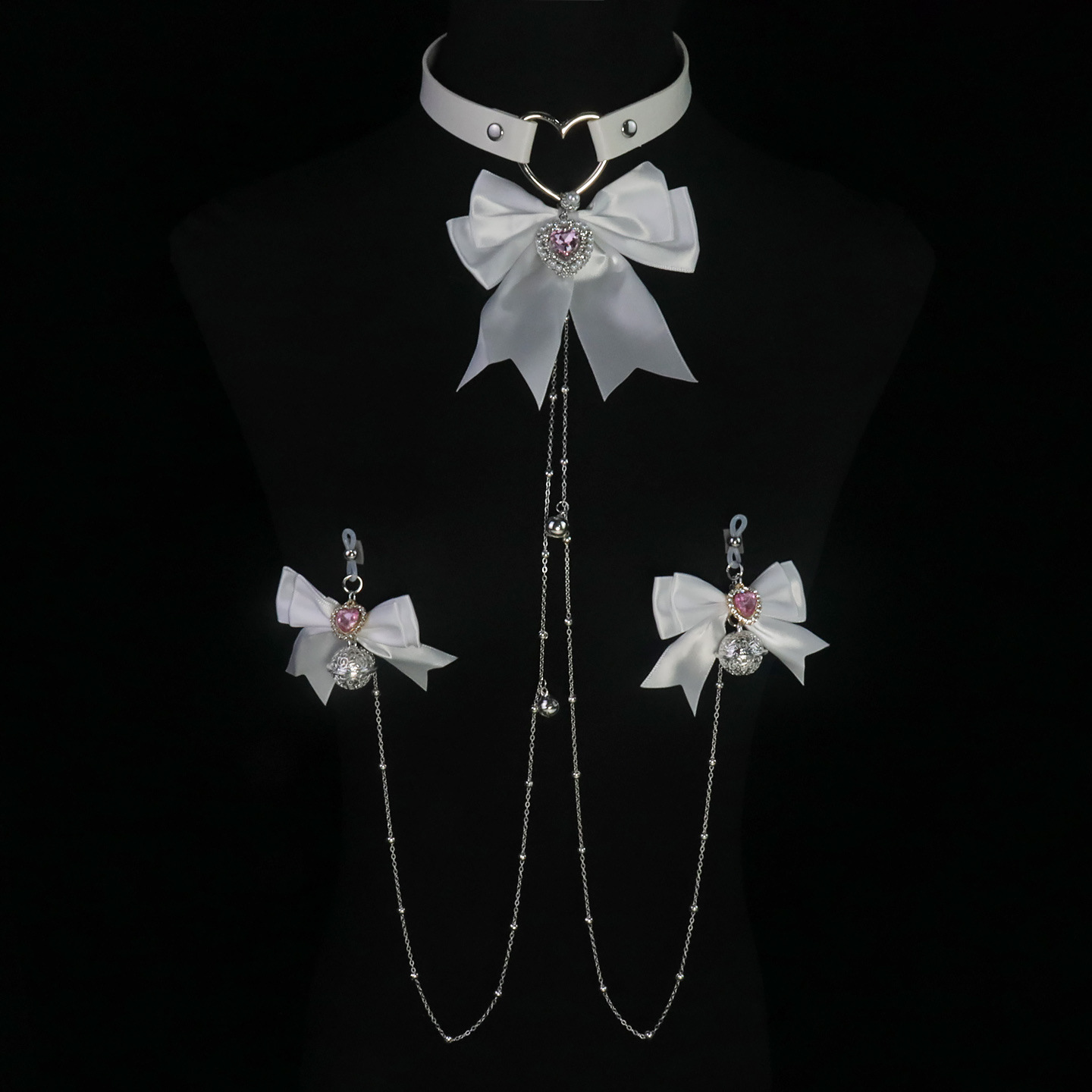 White Bow Collar & Bell Nipple Clamp Chain Set - Loop - image 1