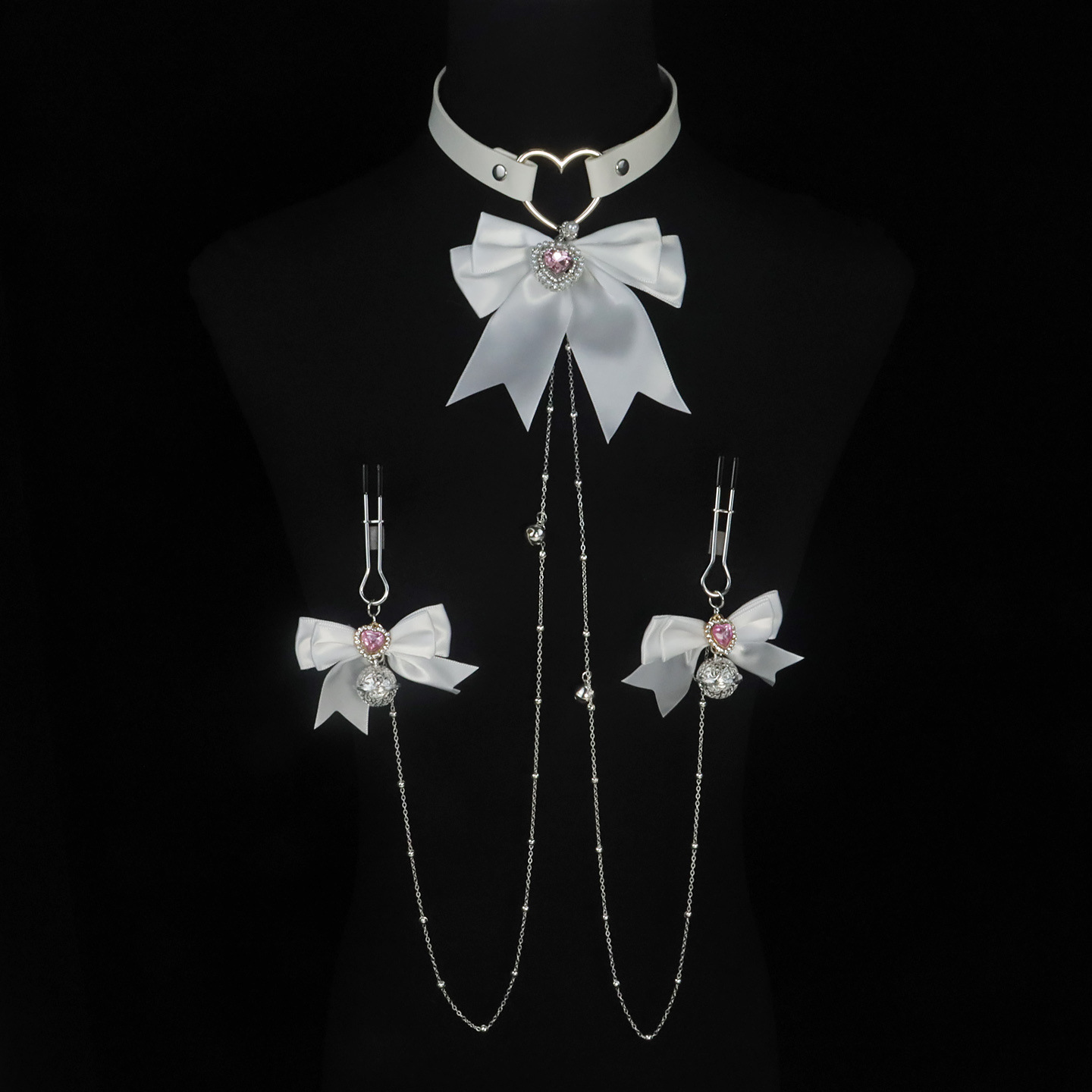 White Bow Collar & Bell Nipple Clamp Chain Set - UClamp - image 2