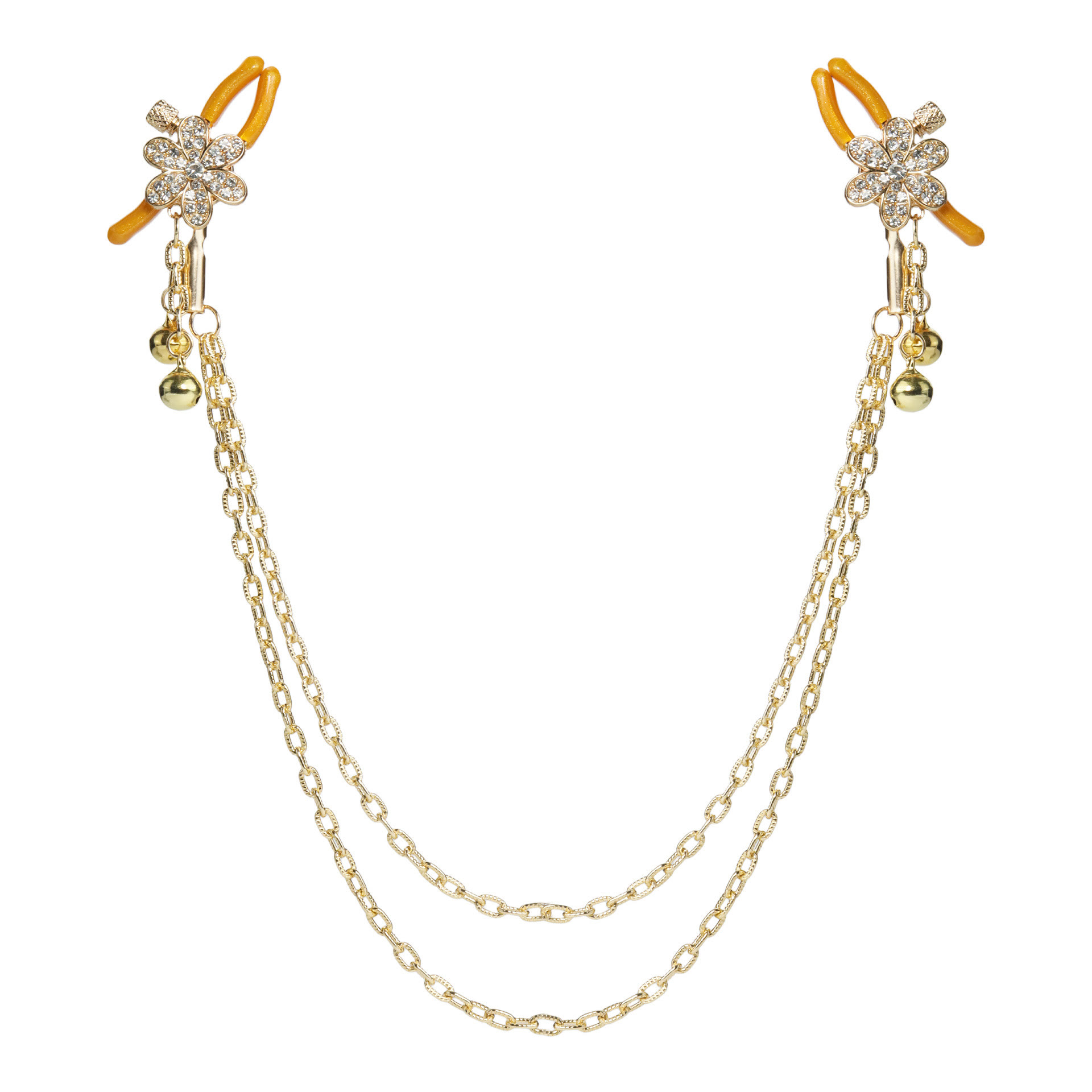 Bell Flower Rhinestone Adjustable Nipple Rings - GoldChain - image 1