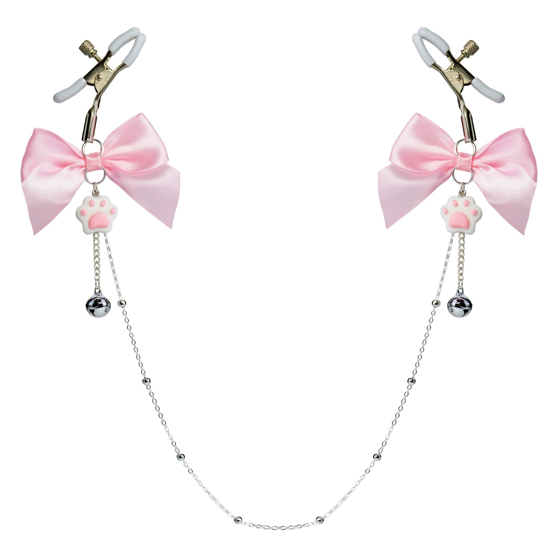 Pink Bow Cat Paw & Bell Nipple Rings with Chain - PinkClip - image 2