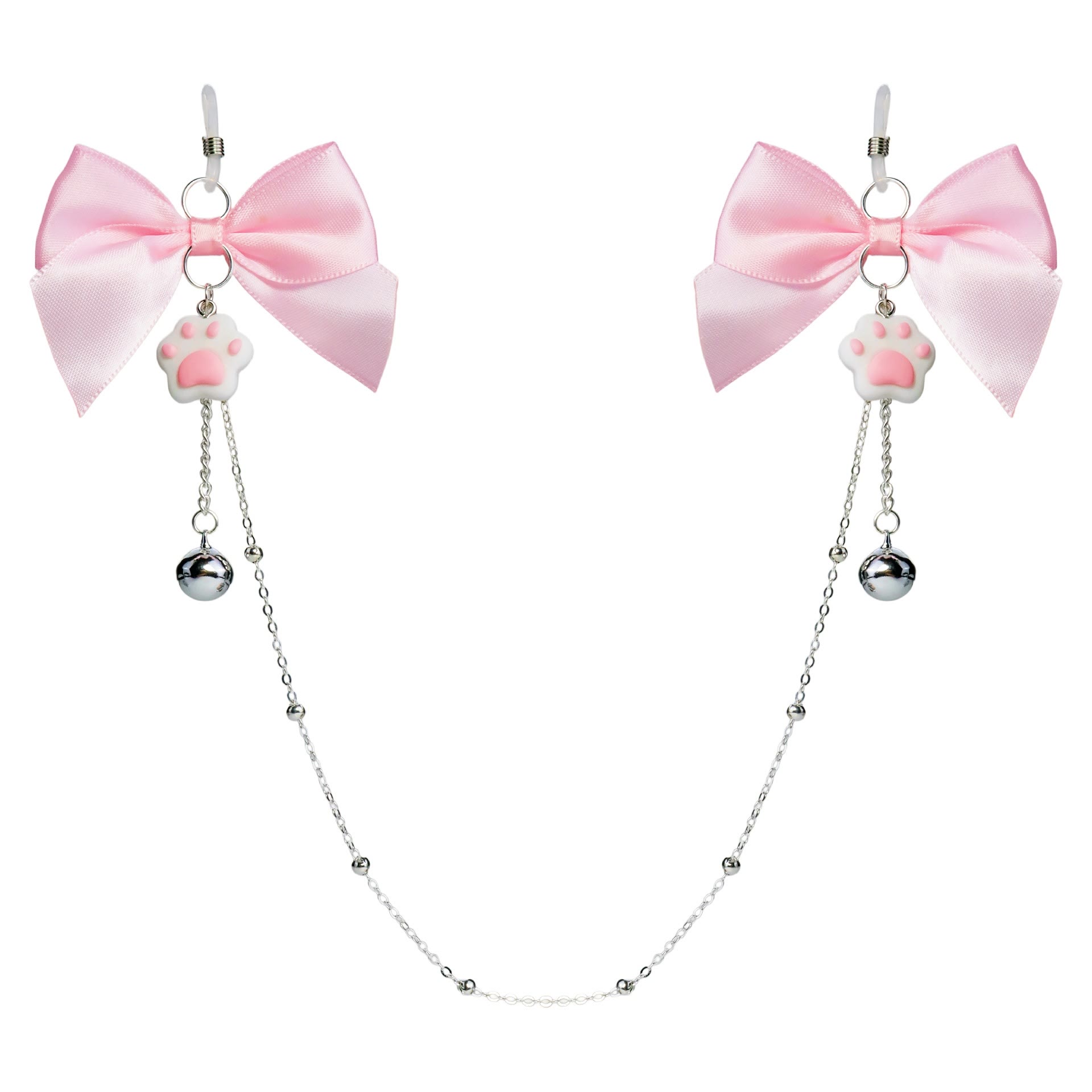 Pink Bow Cat Paw & Bell Nipple Rings with Chain - PinkLoop - image 1