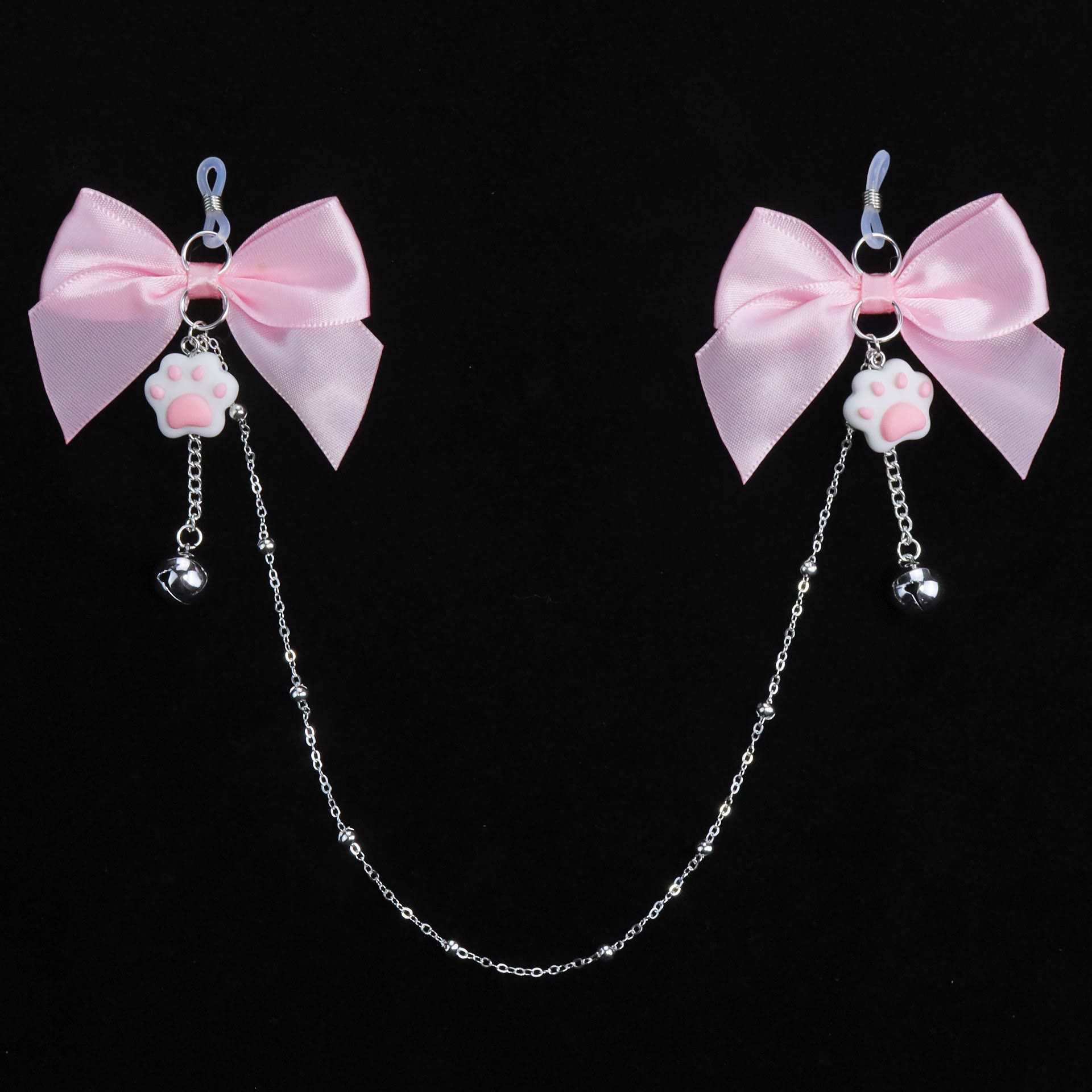 Pink Bow Cat Paw & Bell Nipple Rings with Chain - image 3