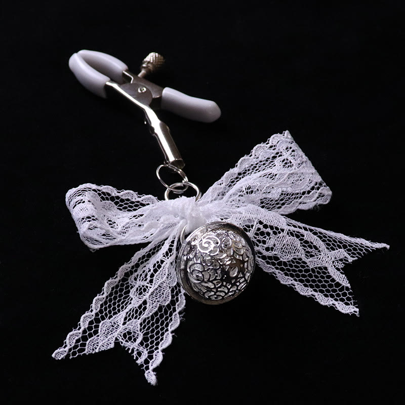 White Lace Bow Silver Bell Nipple Rings - image 3