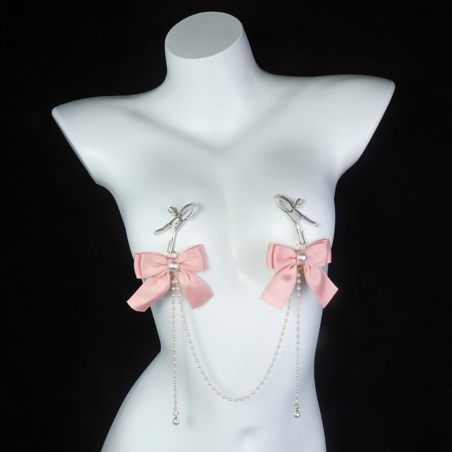 Cream Bow Pearl Chain Nipple Rings with Bell - image 9