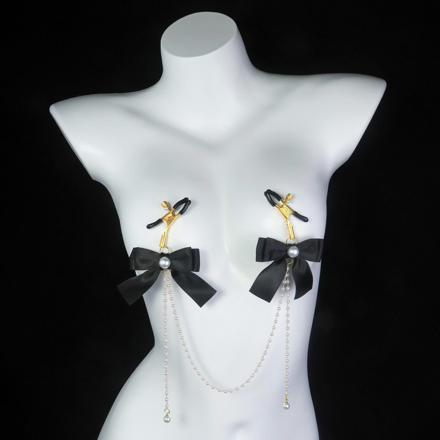 Cream Bow Pearl Chain Nipple Rings with Bell - image 6