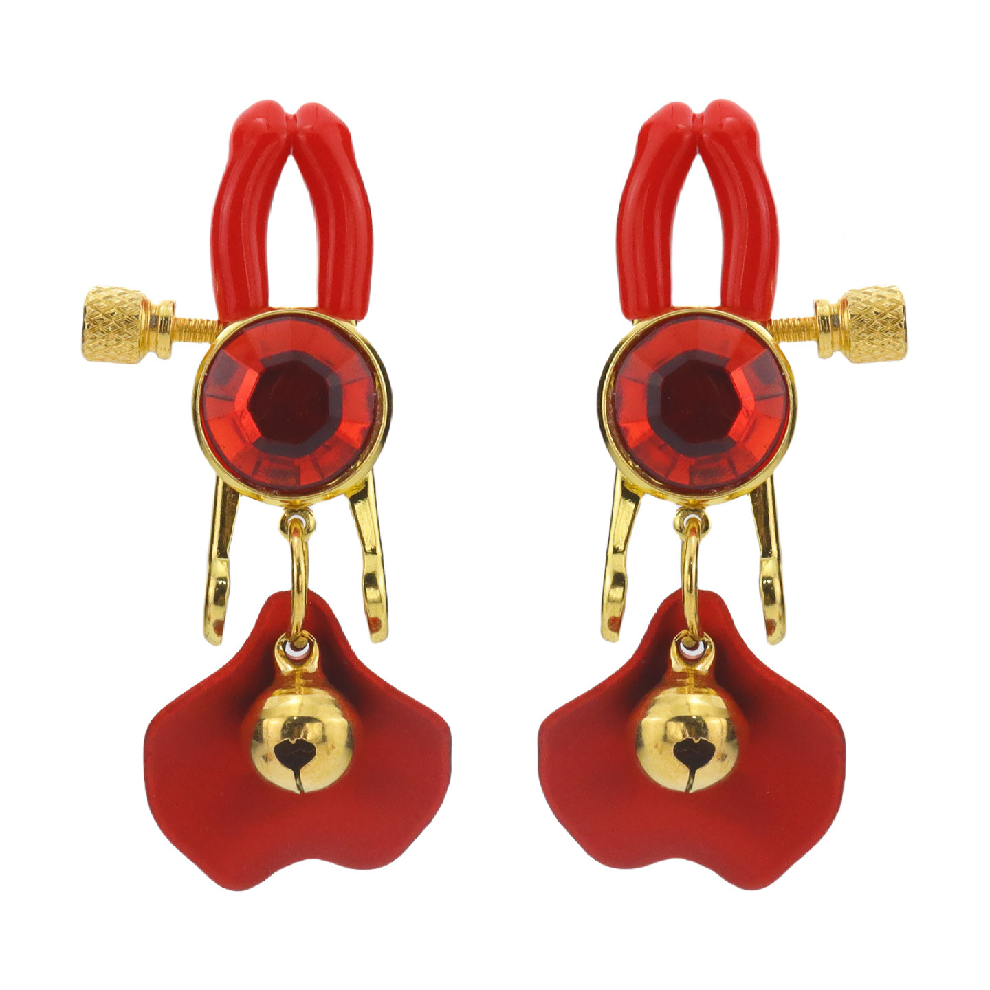 Red Gem Rose Petal & Bell Adjustable Nipple Rings - RedRhinestonePetal - image 4