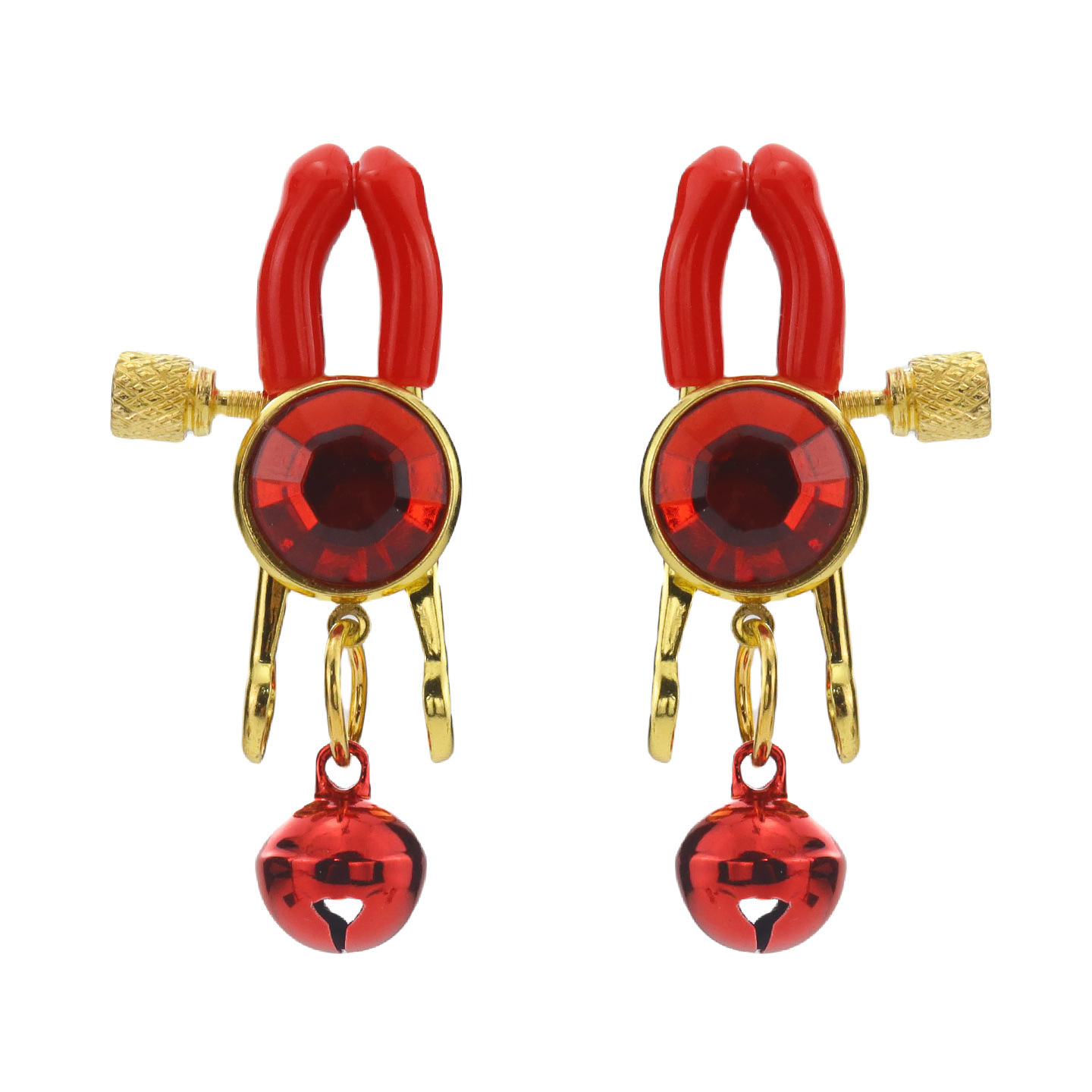 Red Gem Rose Petal & Bell Adjustable Nipple Rings - RedRhinestoneBell - image 3