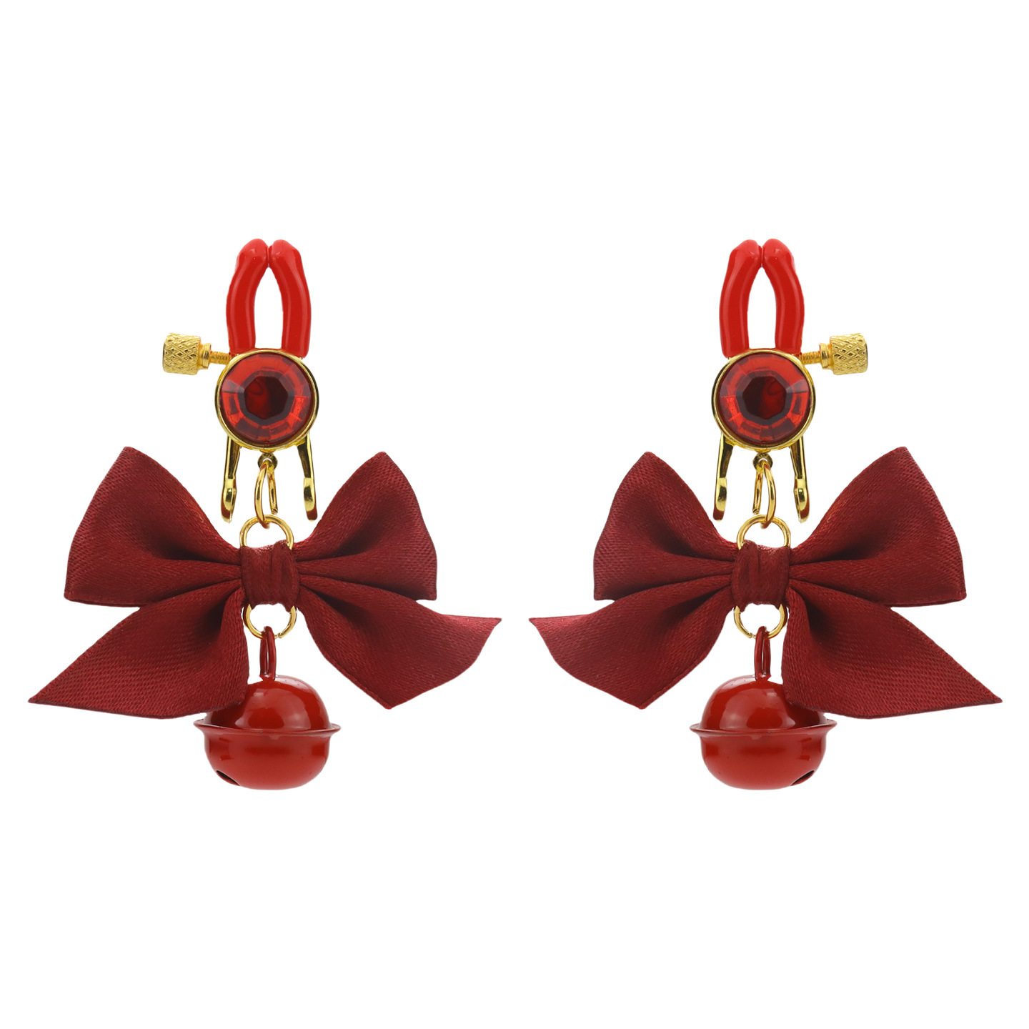 Red Gem Rose Petal & Bell Adjustable Nipple Rings - RedRhinestoneBow - image 7