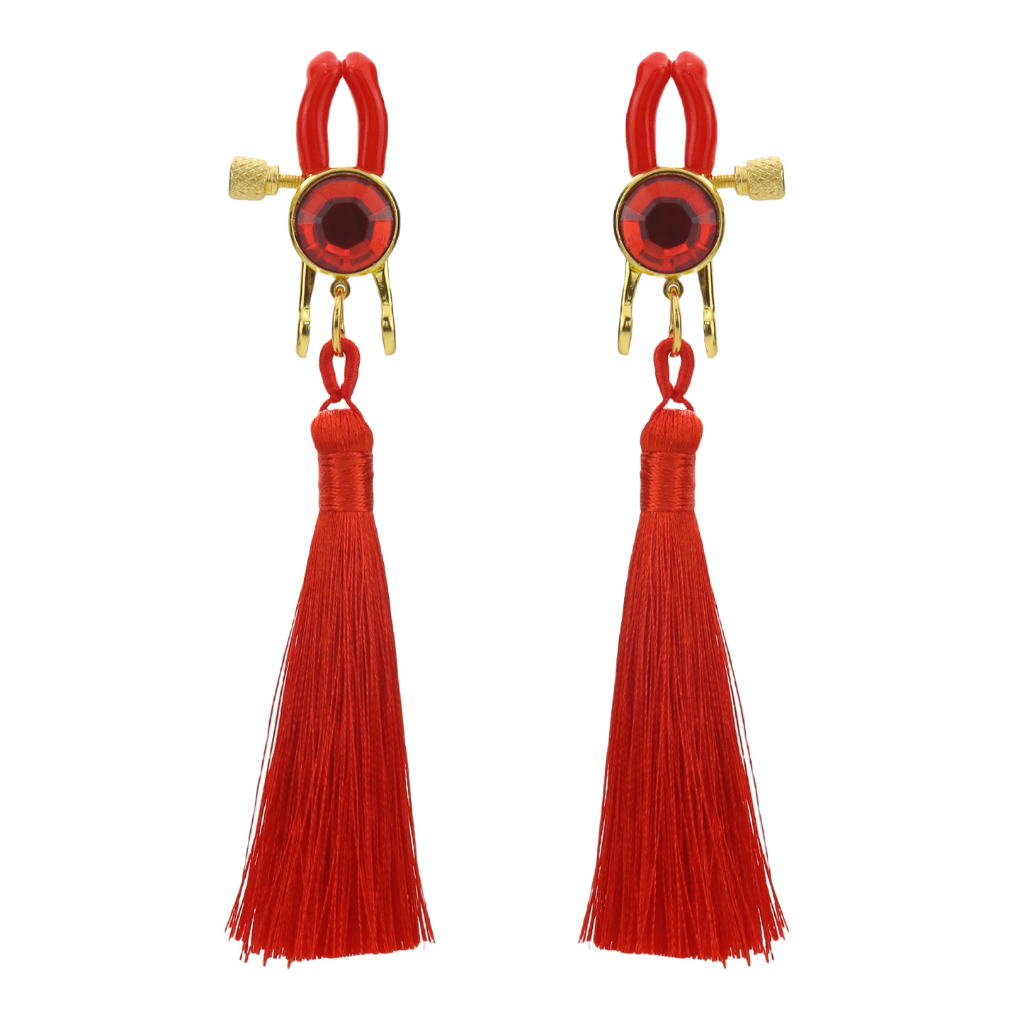 Red Gem Rose Petal & Bell Adjustable Nipple Rings - RedRhinestoneTassel - image 6
