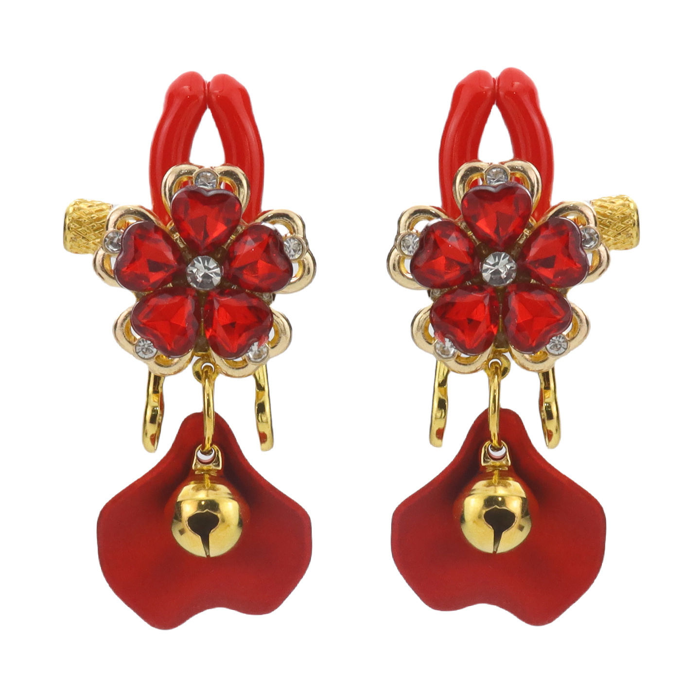 Red Gem Rose Petal & Bell Adjustable Nipple Rings - RedFivePetalGold - image 5