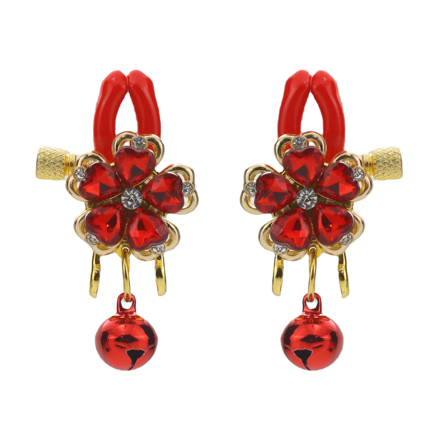Red Gem Rose Petal & Bell Adjustable Nipple Rings - RedFivePetalBell - image 8