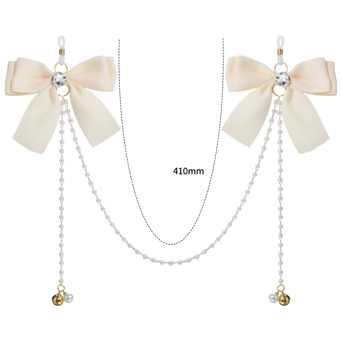 Cream Bow Pearl Chain Nipple Rings with Bell - BeigeLoopBell - image 3