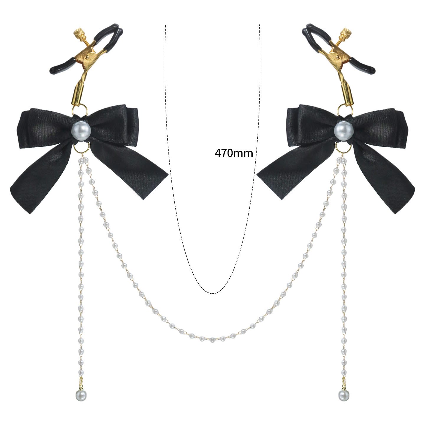 Cream Bow Pearl Chain Nipple Rings with Bell - BlackAlligator - image 8