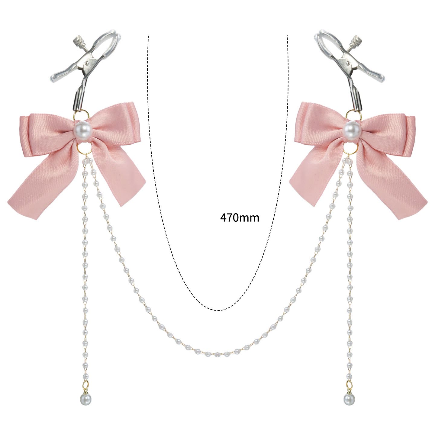 Cream Bow Pearl Chain Nipple Rings with Bell - PinkAlligator - image 11