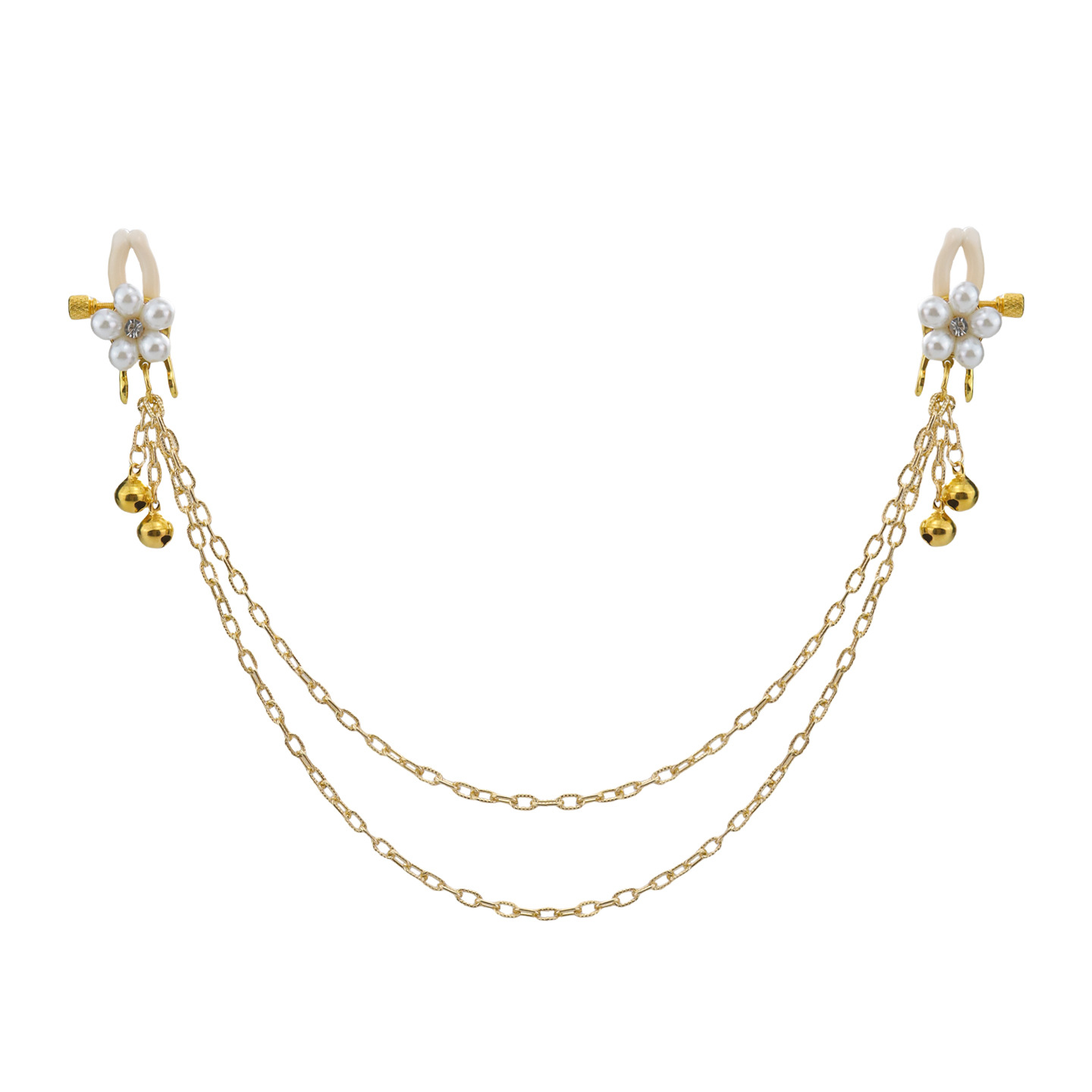 White Flower Long Chain Bell Non-Piercing Nipple Rings - WhiteFivePearlLongChain - image 1