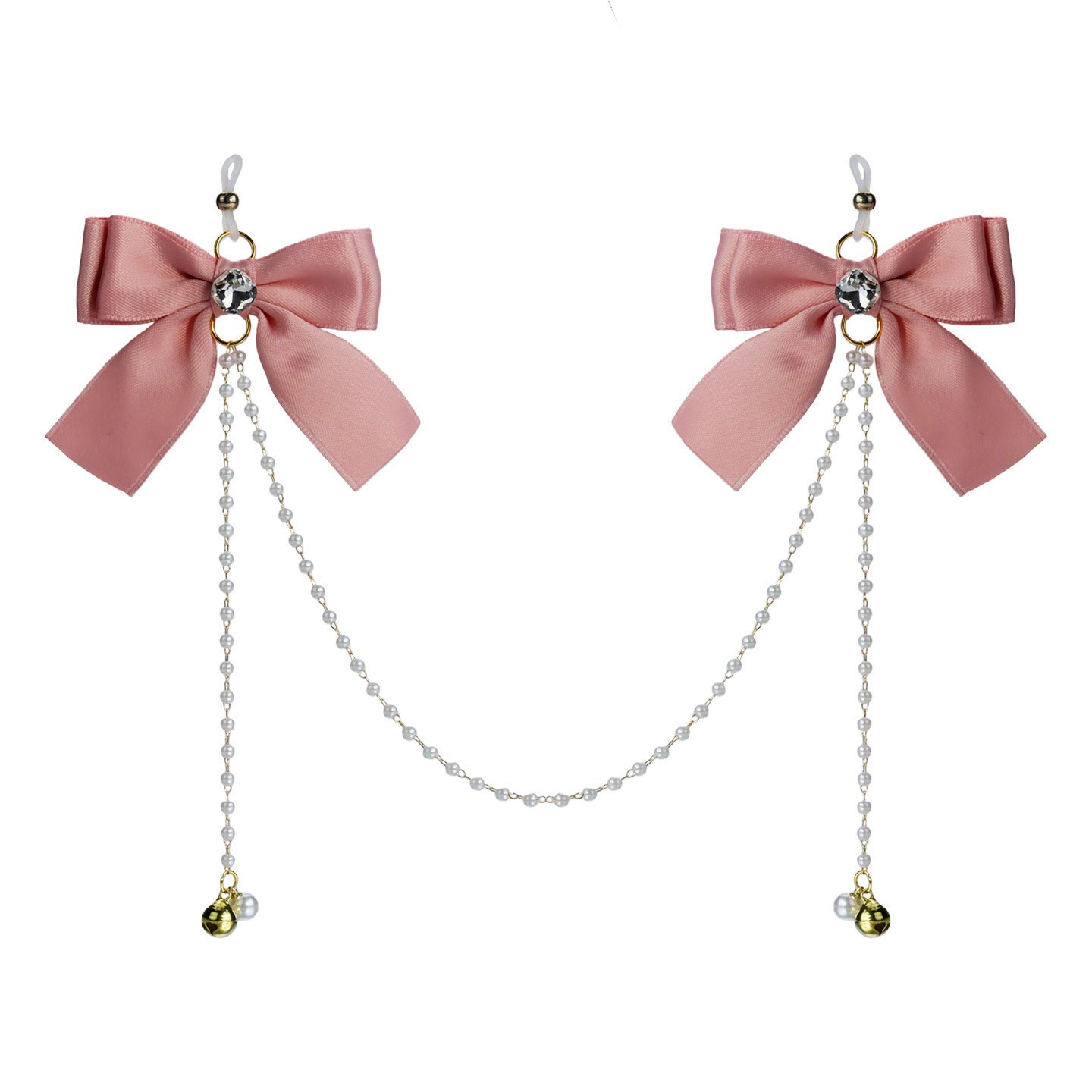 Mauve Pink Bow Pearl Chain Nipple Rings with Bell - PinkCrystalLoop - image 1