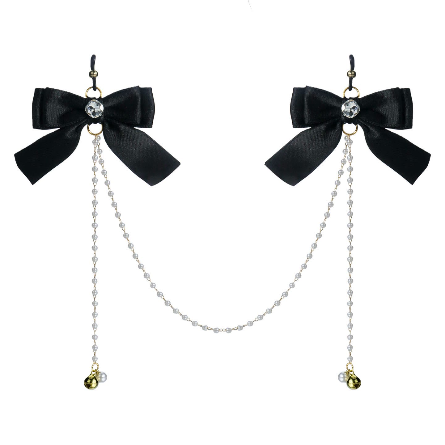 Mauve Pink Bow Pearl Chain Nipple Rings with Bell - BlackCrystalLoop - image 3