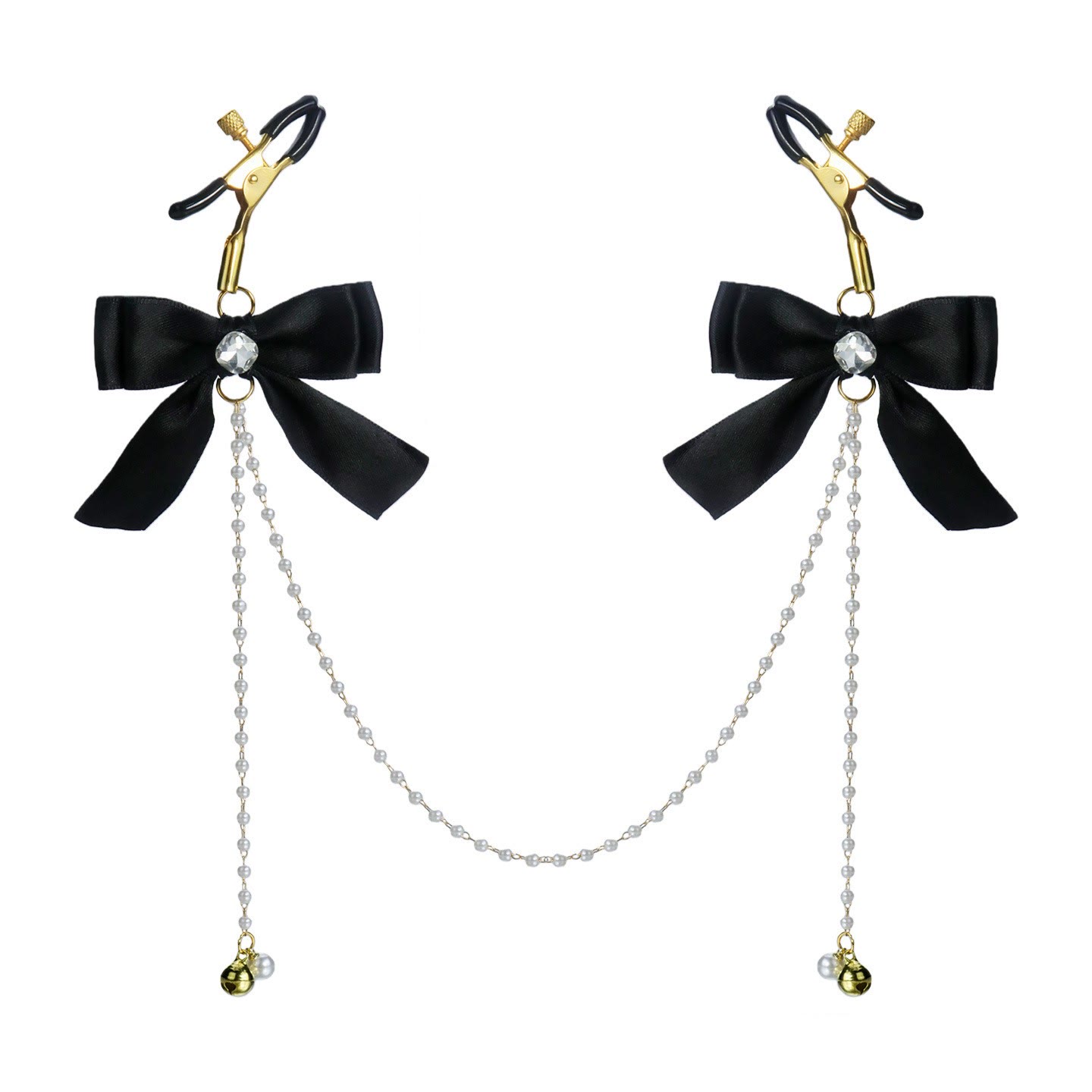 Mauve Pink Bow Pearl Chain Nipple Rings with Bell - BlackCrystalAlligator - image 4