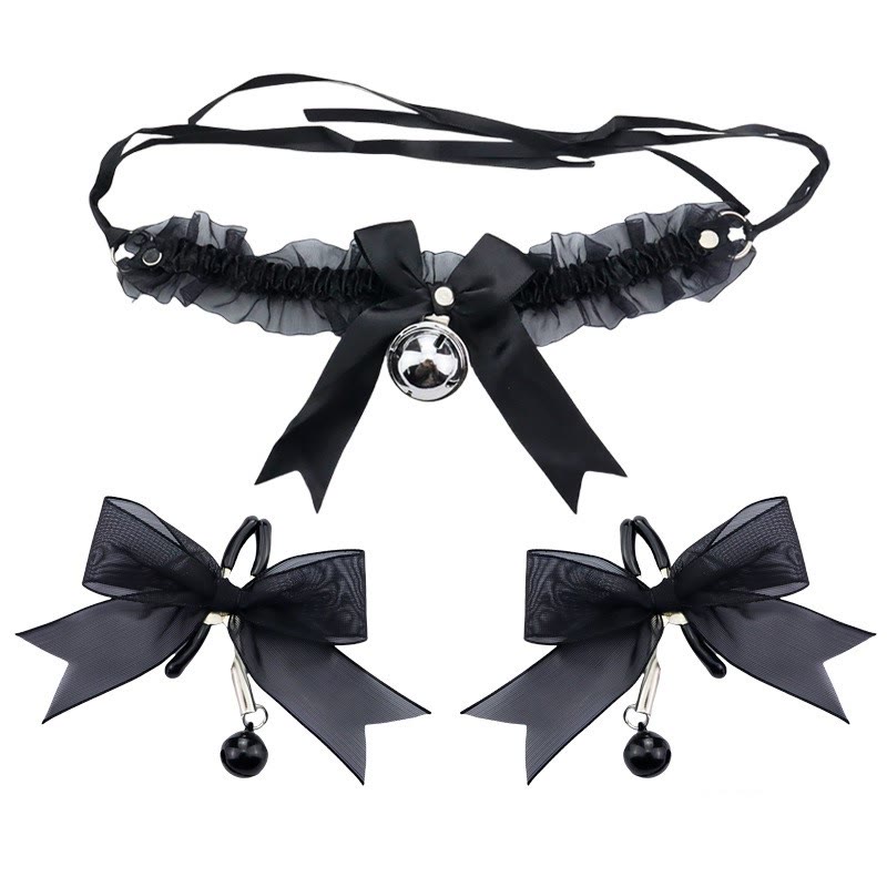 Black Organza Bow & Black Pearl Nipple Rings - Black - image 1