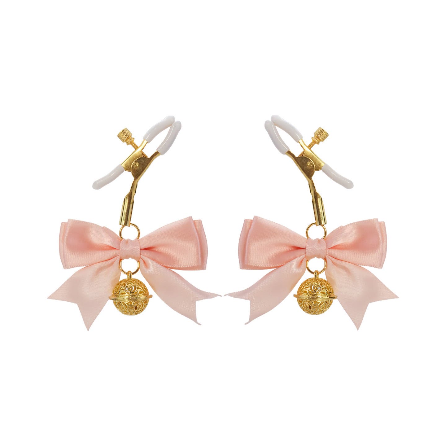 Pink Bow Gold Bell Nipple Rings with Chain - WhiteAlligator - image 1