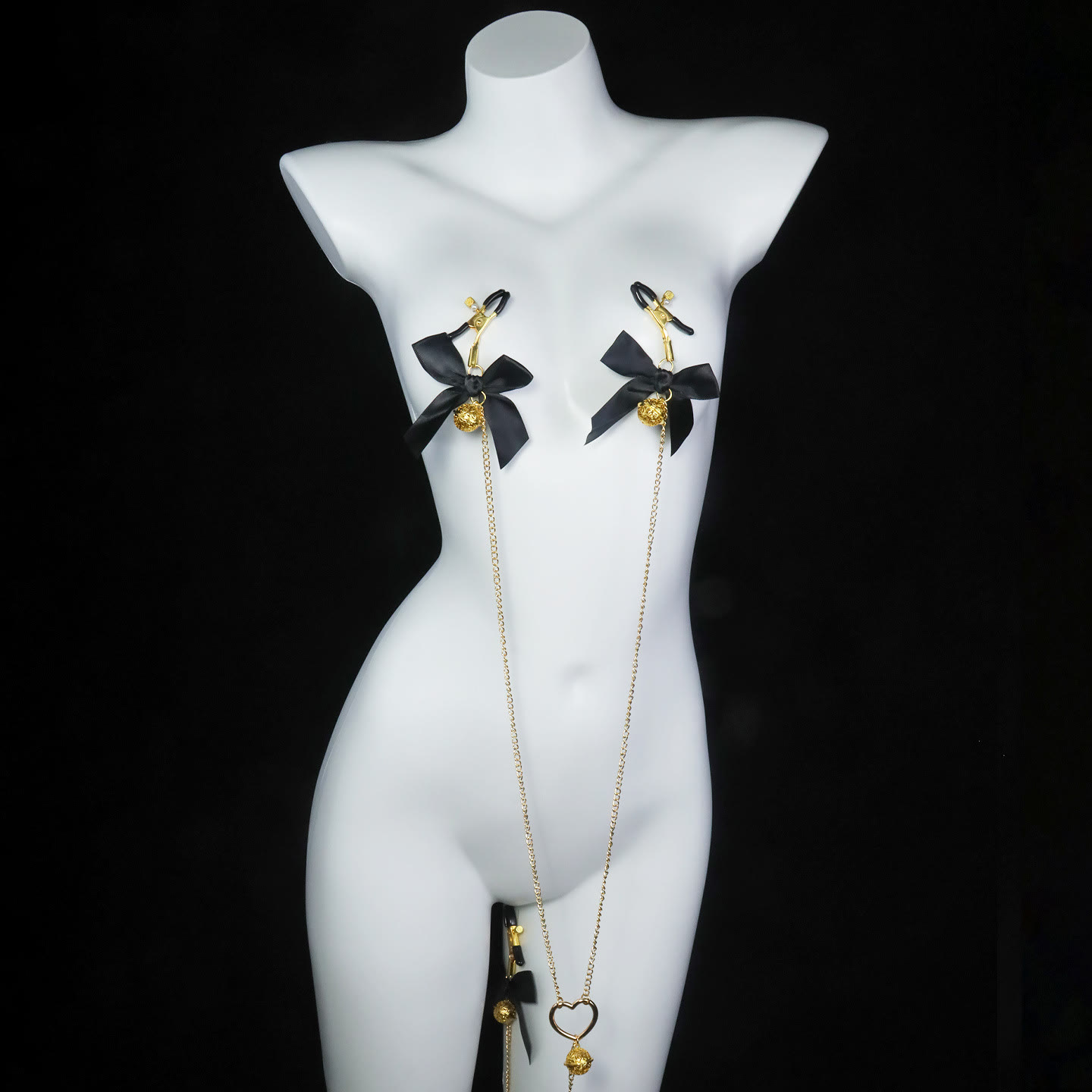 Red Bow Nipple-to-Clit Body Chain Set with Gold Bells - image 9