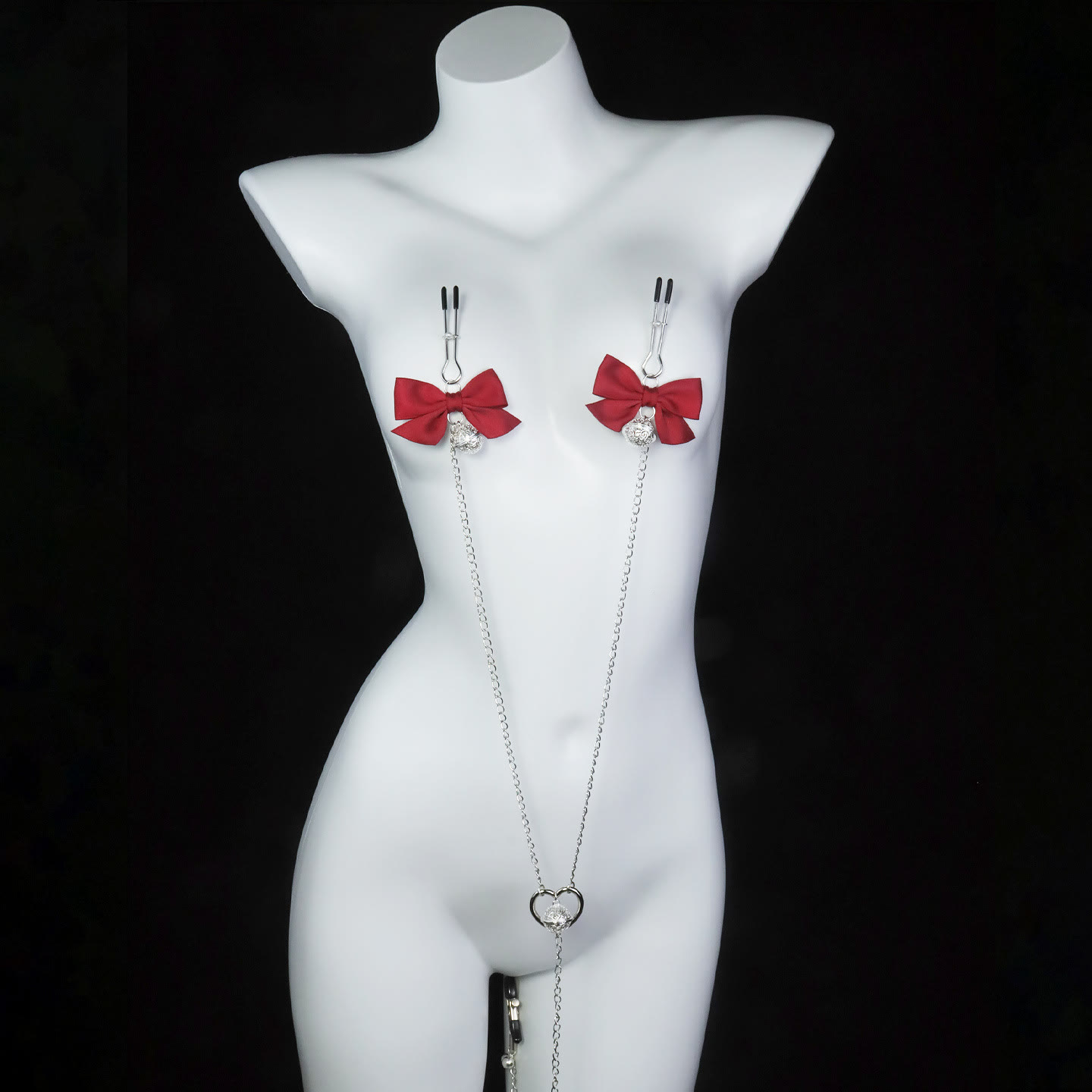 Red Bow Nipple-to-Clit Body Chain Set with Gold Bells - image 7