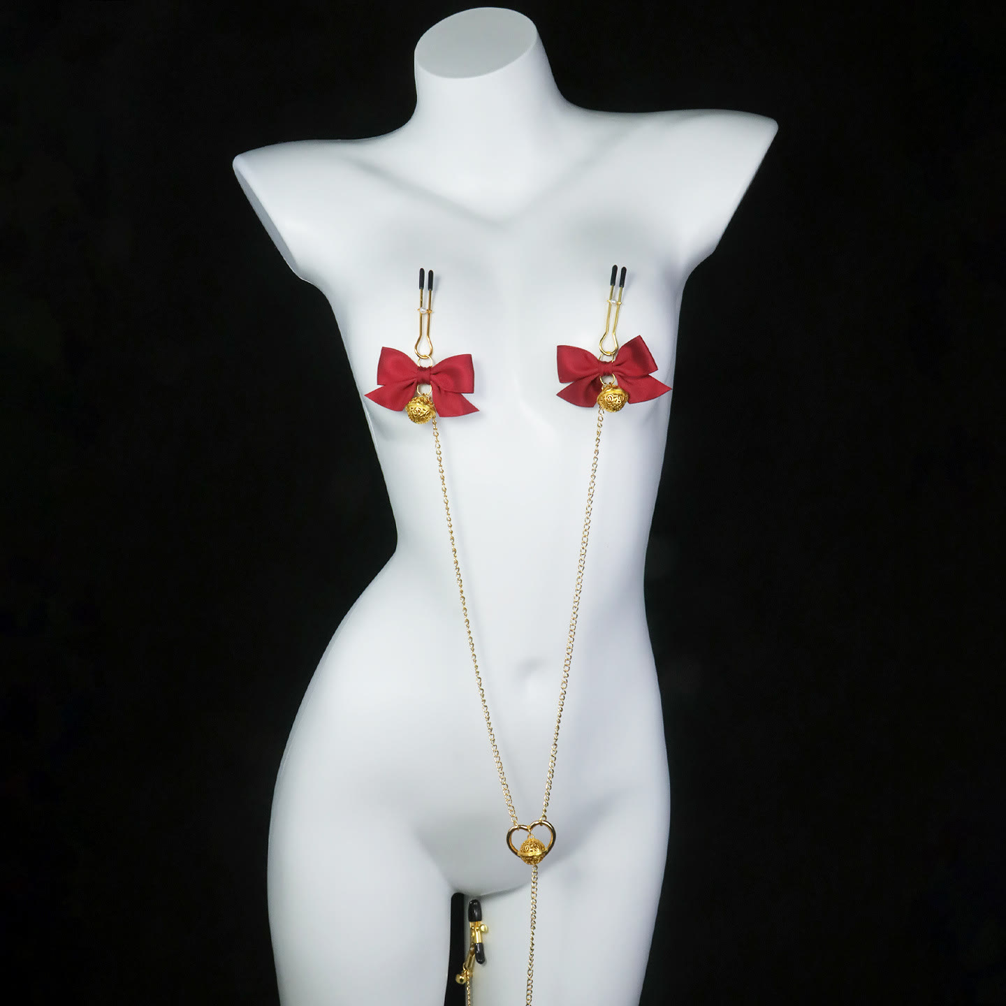 Red Bow Nipple-to-Clit Body Chain Set with Gold Bells - image 1
