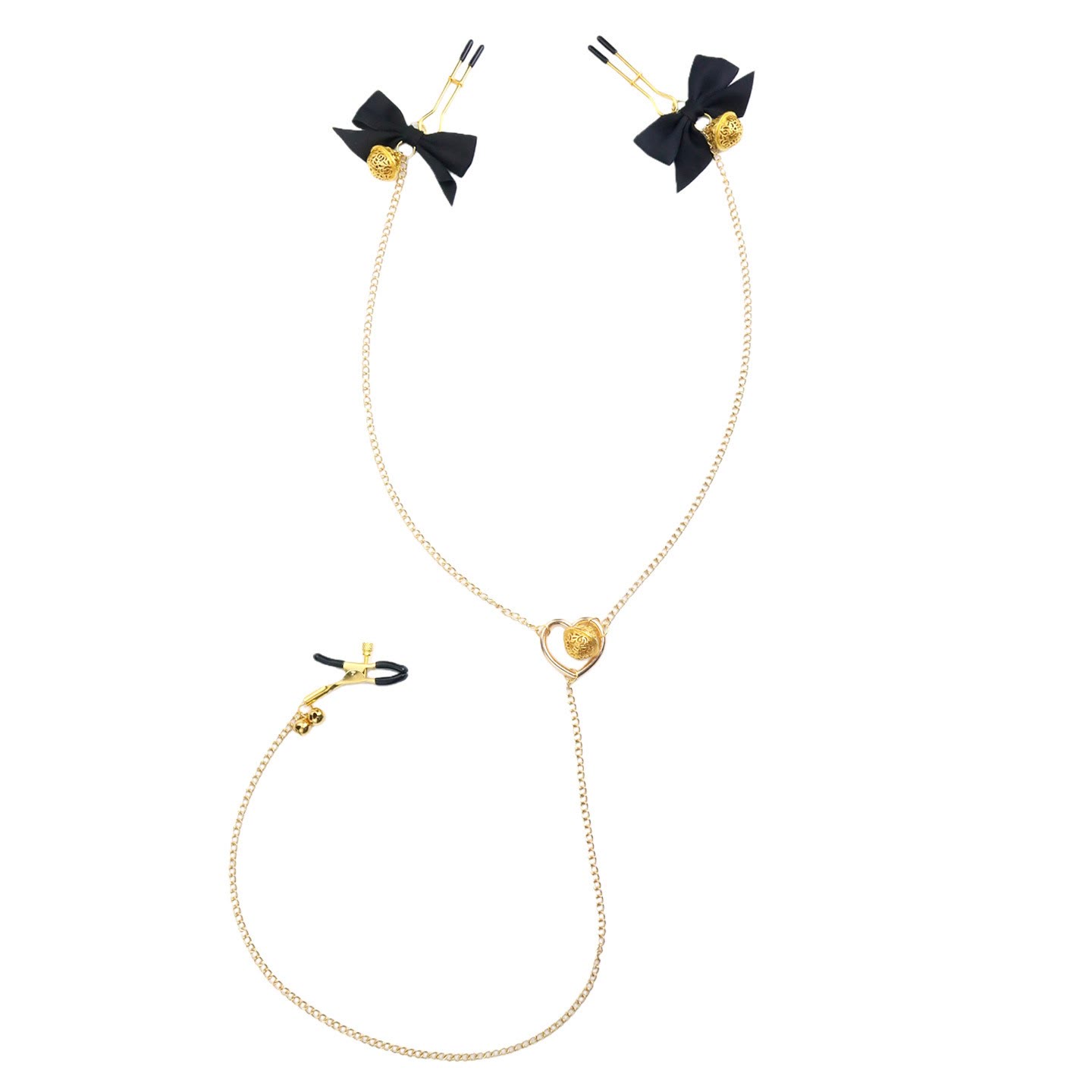 Red Bow Nipple-to-Clit Body Chain Set with Gold Bells - BlackGoldUClamp - image 3