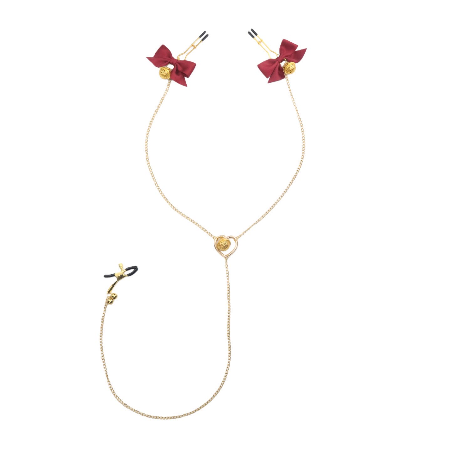Red Bow Nipple-to-Clit Body Chain Set with Gold Bells - RedGoldUClamp - image 2