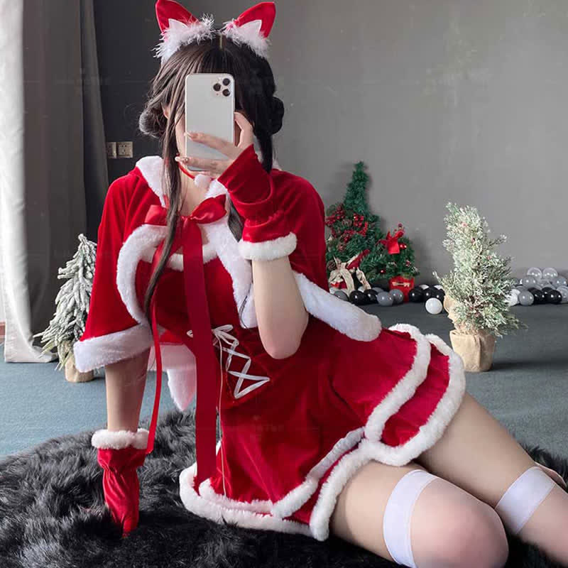 Christmas Bunny Ears Hooded Cloak Velvet Lingerie Set - image 7