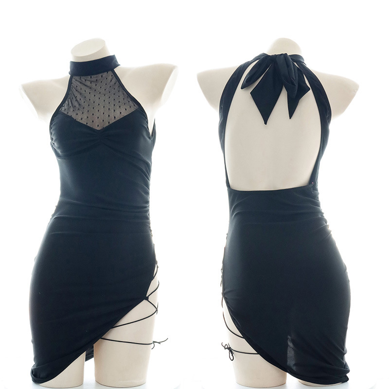 Backless Lace Up Lingerie Dress Set - Black - 3XL - image 6