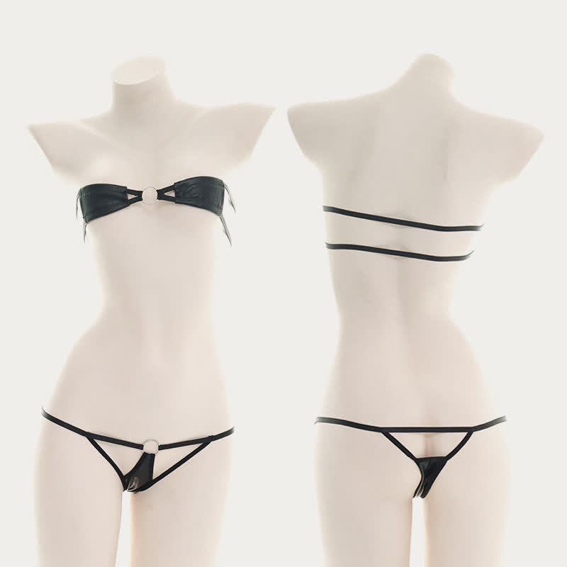 Sexy Hollow Out PU Bikini Lingerie Set - Black - One Size - image 1