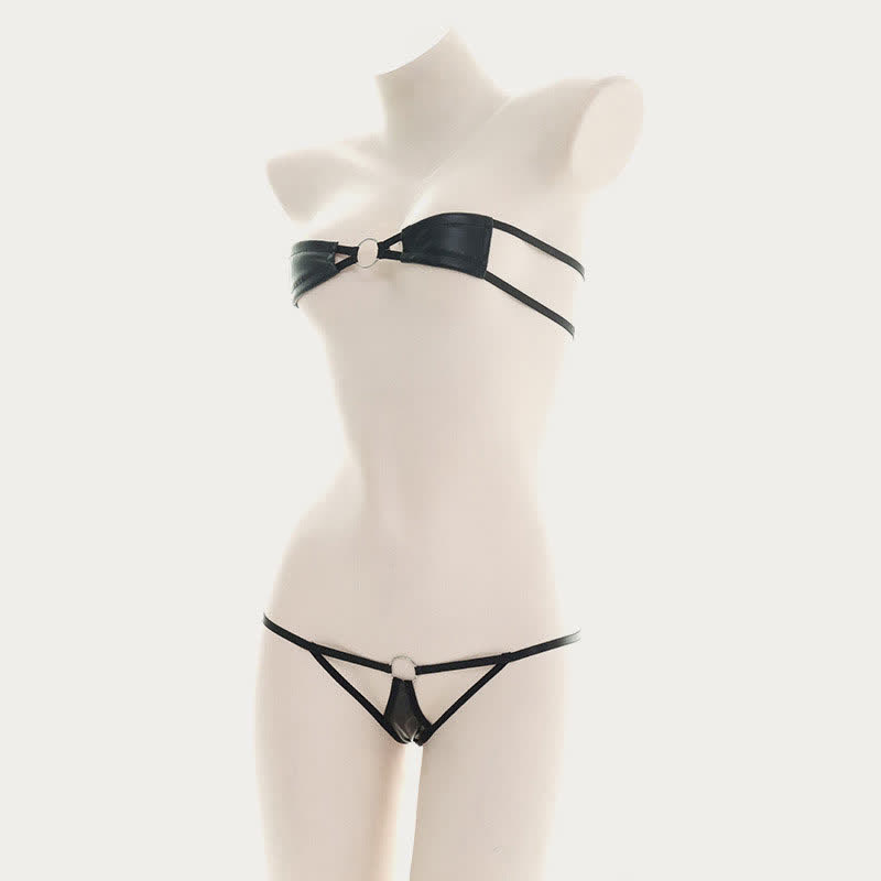 Sexy Hollow Out PU Bikini Lingerie Set - image 7