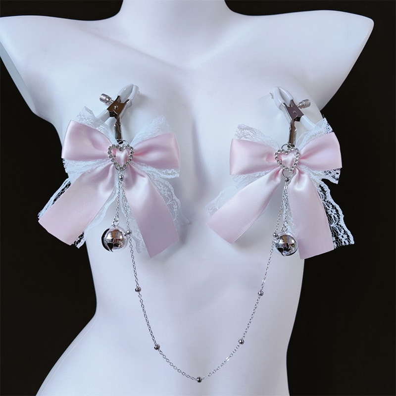 Pink Lace Bow Choker Chain Nipple Clamps Adjustable Lingerie Accessories - image 4