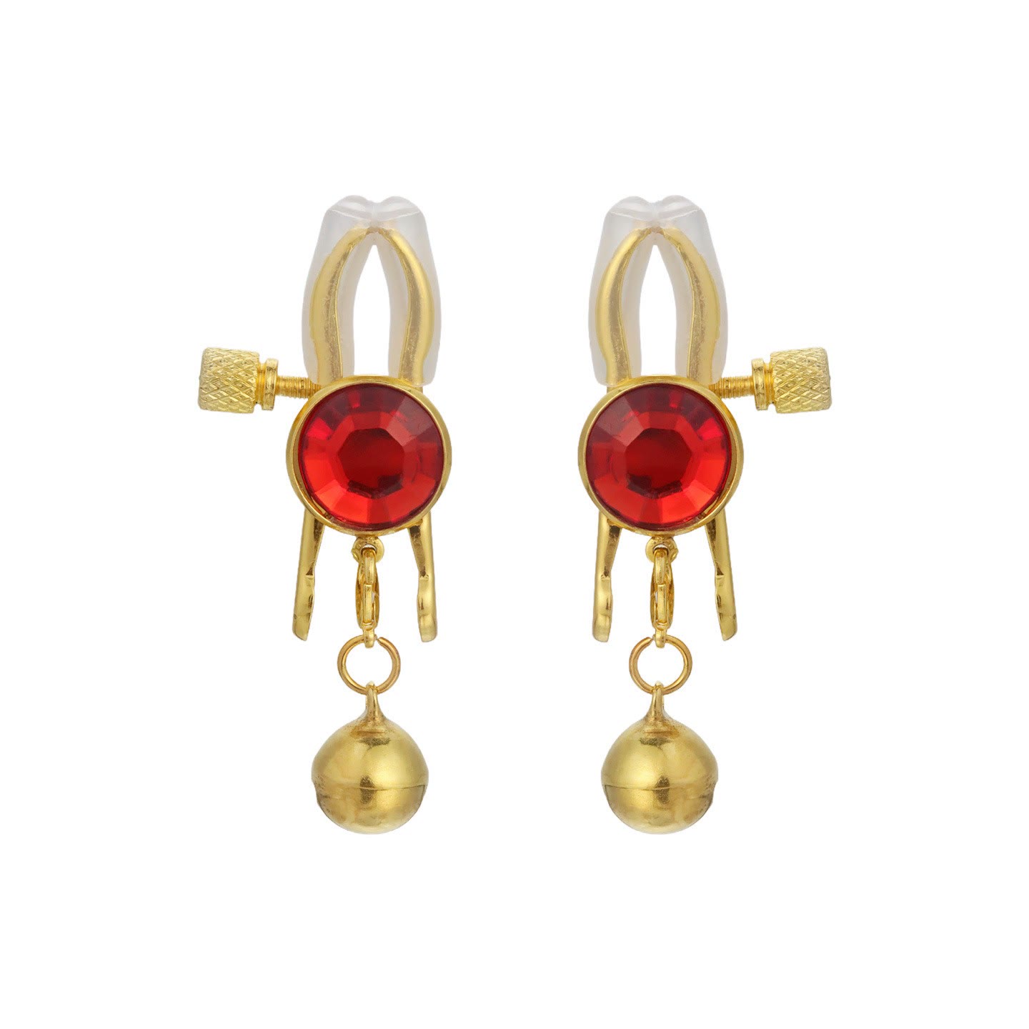 Red Gem & Bell Adjustable Nipple Rings - RedGoldBell - image 5