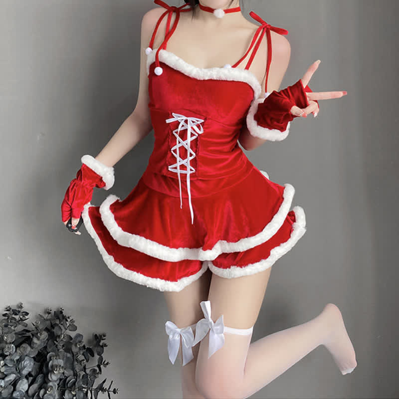 Christmas Bunny Ears Hooded Cloak Velvet Lingerie Set - image 3